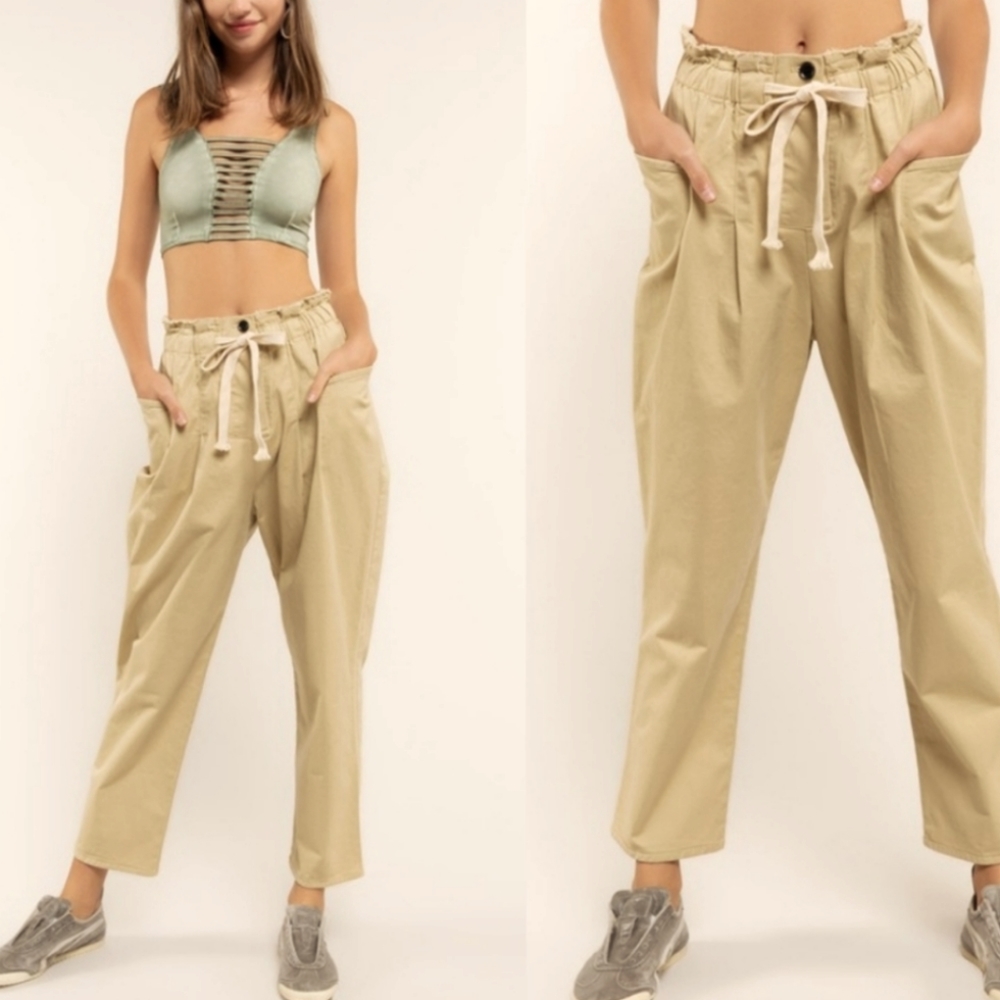 PO Sale OnL Last Pair Small, Boho khaki drawstring pants pockets - Picture 2 of 5